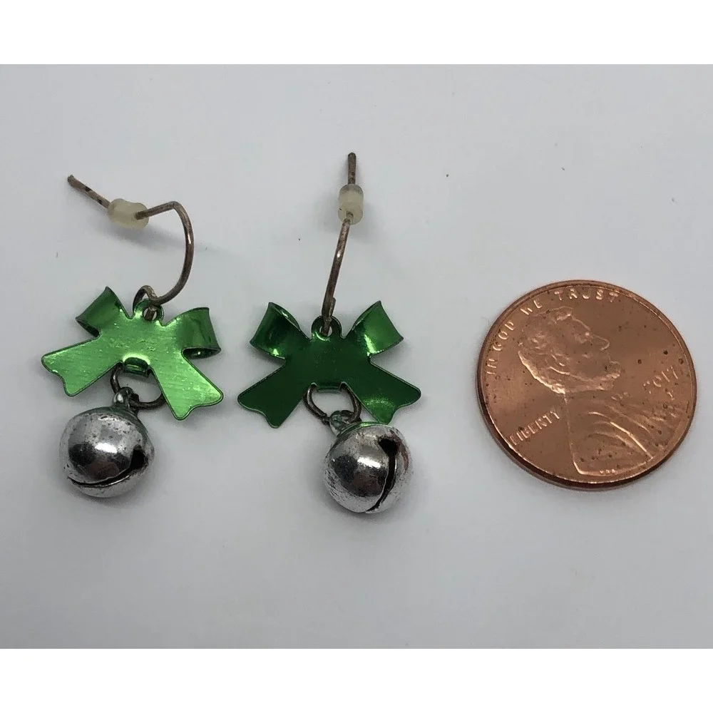 CHRISTMAS SILVER JINGLE BELLS, GREEN BOW FISH‎ HOOK BACK EARRINGS-SIZE SMALL